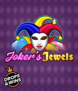 Discover the colorful world of the Joker's Jewels game by Pragmatic Play, featuring a captivating joker's mask adorned with a brightly colored jester hat. This graphic conveys the fun and excitement of traditional joker games, set against a lavender background. Great for those who love classic slot games, delivering a delightful gaming experience. 