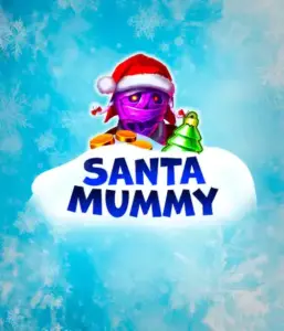  Discover the quirky "Santa Mummy" slot game by Belatra, featuring a Santa-clad mummy dressed in festive holiday attire. This colorful image presents the mummy with a vivid purple hue, wearing a Santa hat, amid snowy blue with icy snowflakes. The game's title, "Santa Mummy," is prominently displayed in large, icy blue letters.